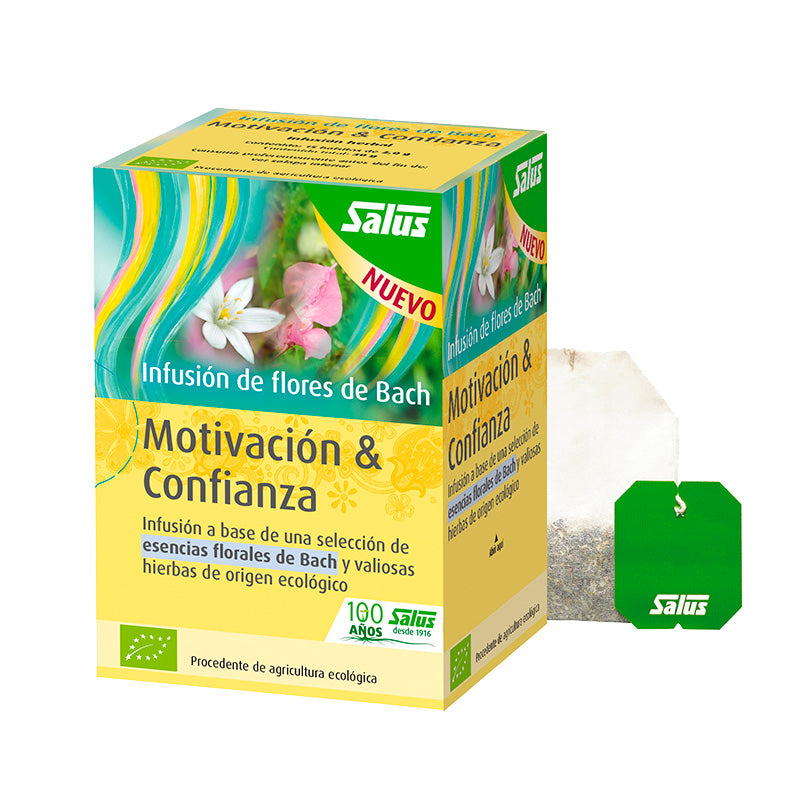 Flores Bach Motivación y Confianza de SalusFlora, caja con 15 bolsitas de 30 g cada una, remedios naturales para fortalecer la confianza.